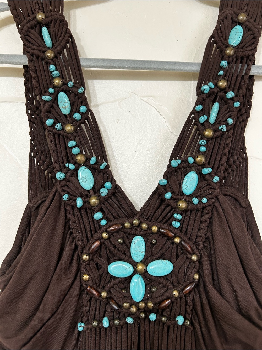 Boston Proper Brown Sleeveless Macramé Tunic with Turquoise Bead Embellishment